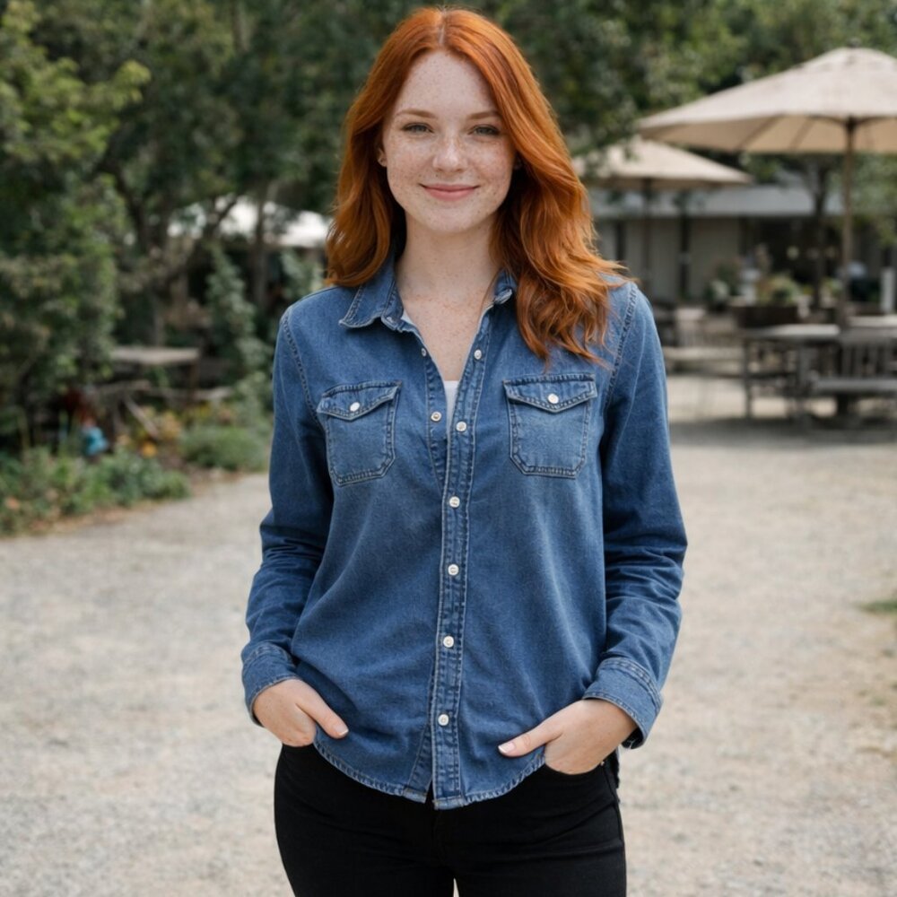 Lazer Denim Medium Blue Button Down Women's Shirt, Size XL